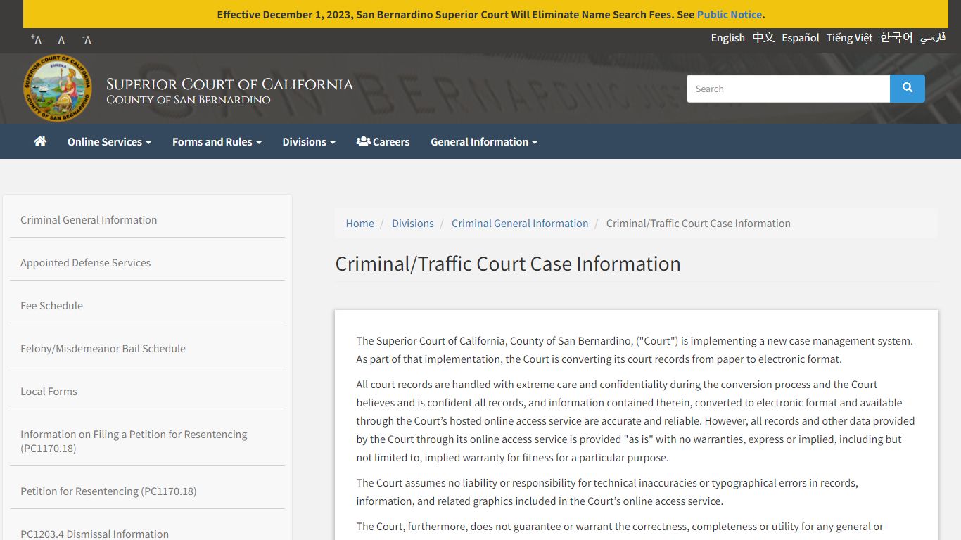 Criminal/Traffic Court Case Information | Superior Court of California